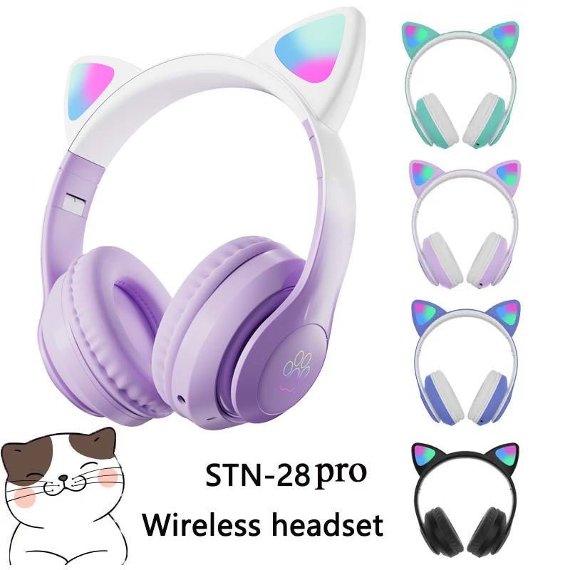 Cat Ear Bluetooth Headset Led - 最新のSTN-28ワイヤレスヘッドセット、猫耳付き5.0ブルートゥースヘッドホン、LED点滅ライト付きスポーツ＆レジャーイヤホン、子供向けギフト