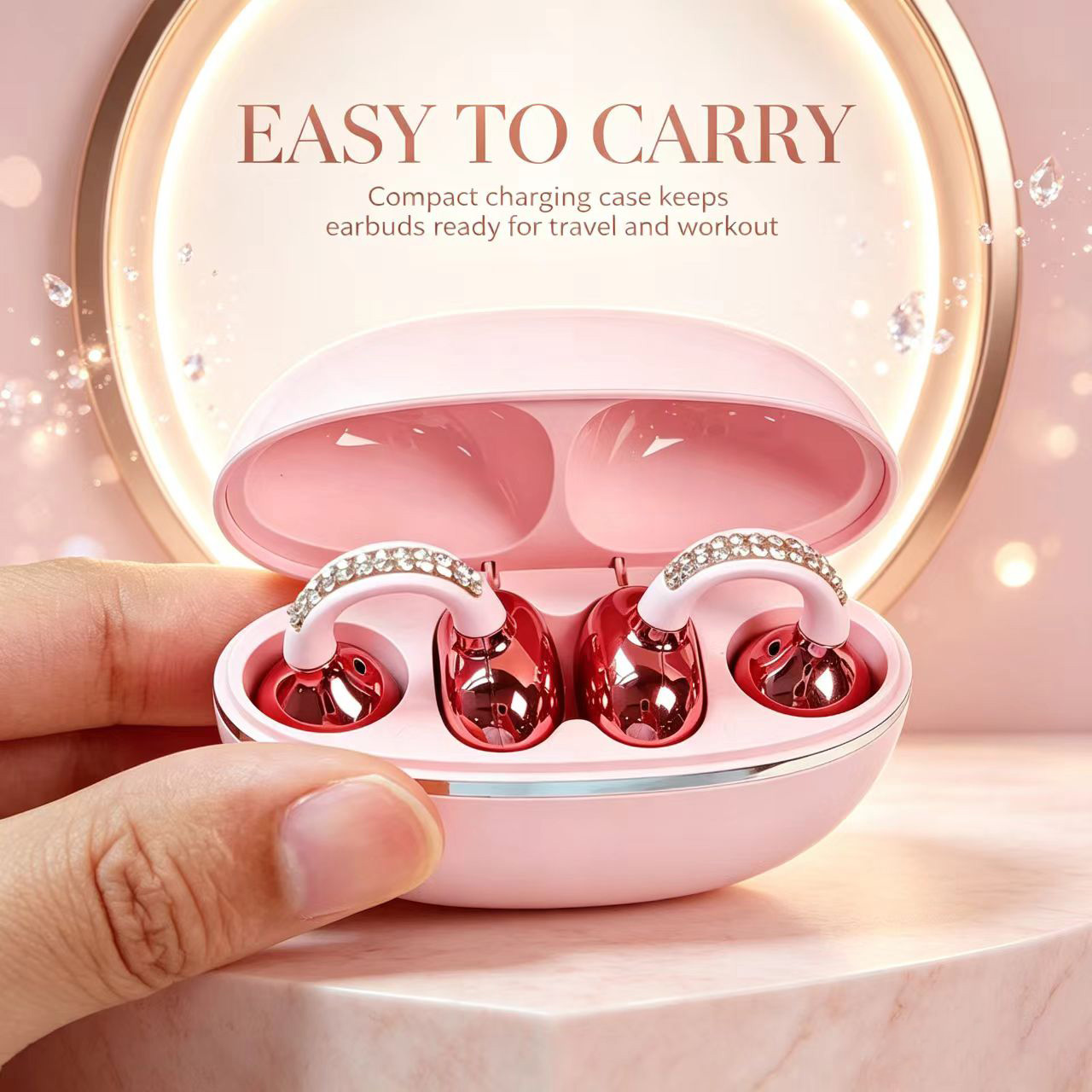Open Ear Air Conduction Headphones - ラインストーン付きオープンイヤークリップワイヤレスイヤホン Bluetooth 5.4 OWSヘッドホン HiFiステレオ スポーツイヤホン