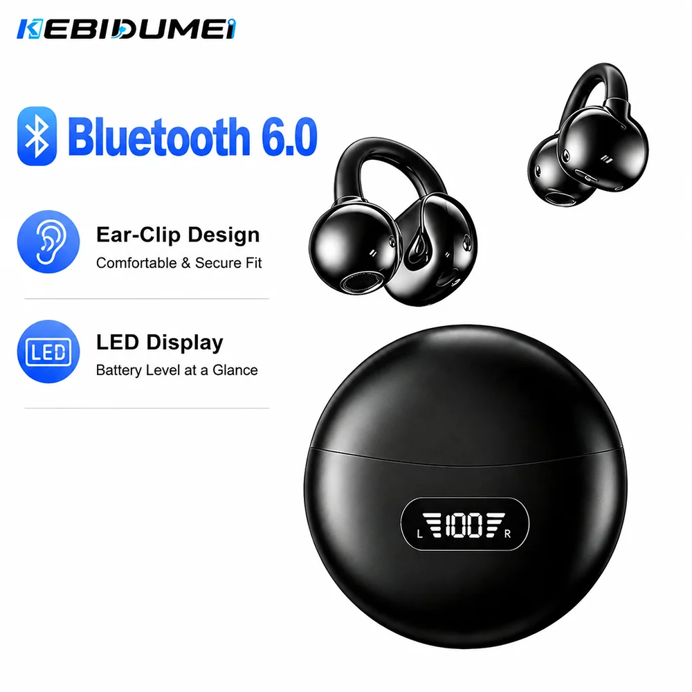 Open Ear Air Conduction Headphones - KEBIDUMEI Bluetooth 6.0 イヤホンオープンイヤークリップヘッドフォン LED デジタルディスプレイ