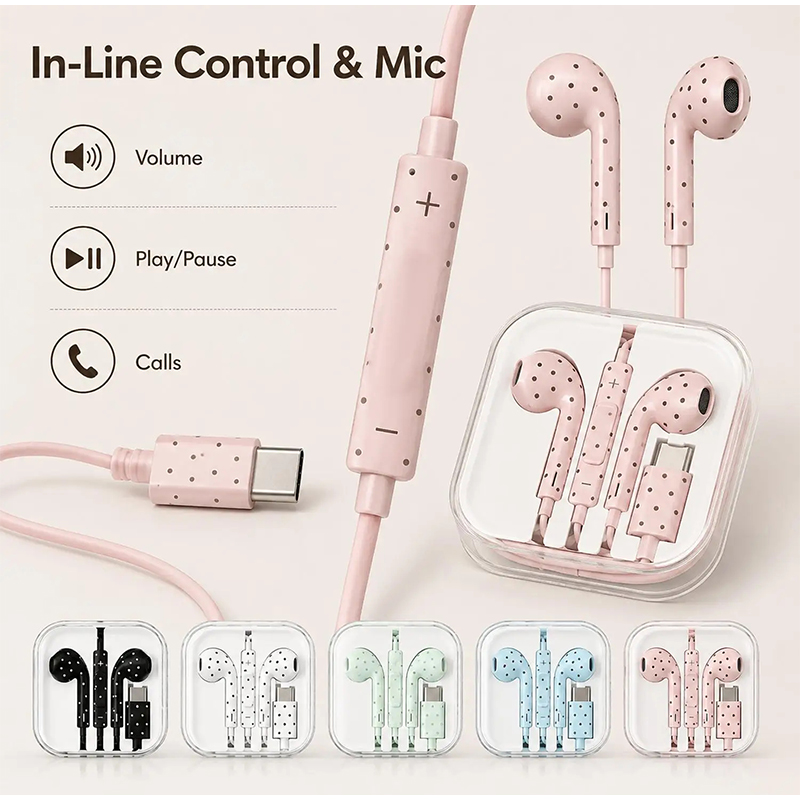 Type C Wired Earphones With Mic - Type C イヤホン ポルカドットスターパターン インイヤー有線イヤホン マイクとボリュームコントロール付き