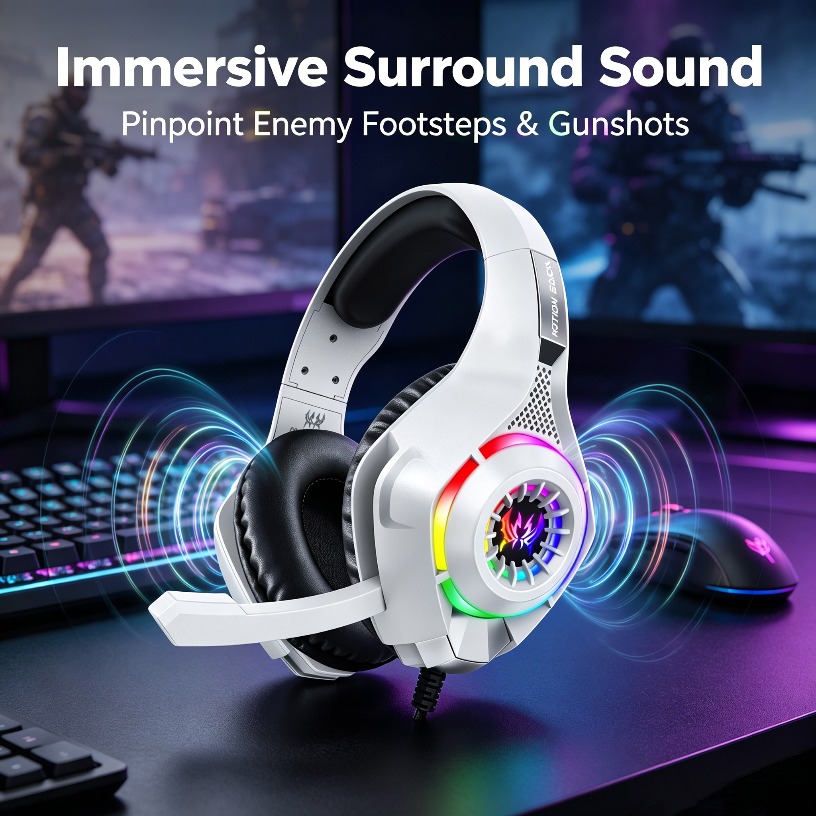 Gaming Headset With Mic Rgb - 有線ゲーミングヘッドフォン マイク付き RGB LED オーバーイヤーヘッドセット ステレオベース
