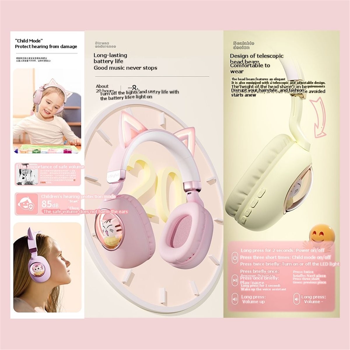 Cat Ear Bluetooth Headset Led - 【バリューパック】かわいい猫耳Bluetooth 5.3ワイヤレスヘッドセット 子供用 女の子用 折りたたみ式猫耳イヤホン LEDライト付き