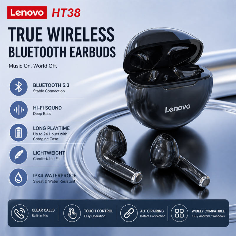 Tws Earbuds Bluetooth 5.3 - 新しいレノボHT38ワイヤレスヘッドホンTWS BluetoothイヤホンHDステレオゲーム通話ノイズリダクションイヤホン音楽スポーツヘッドセット人気商品