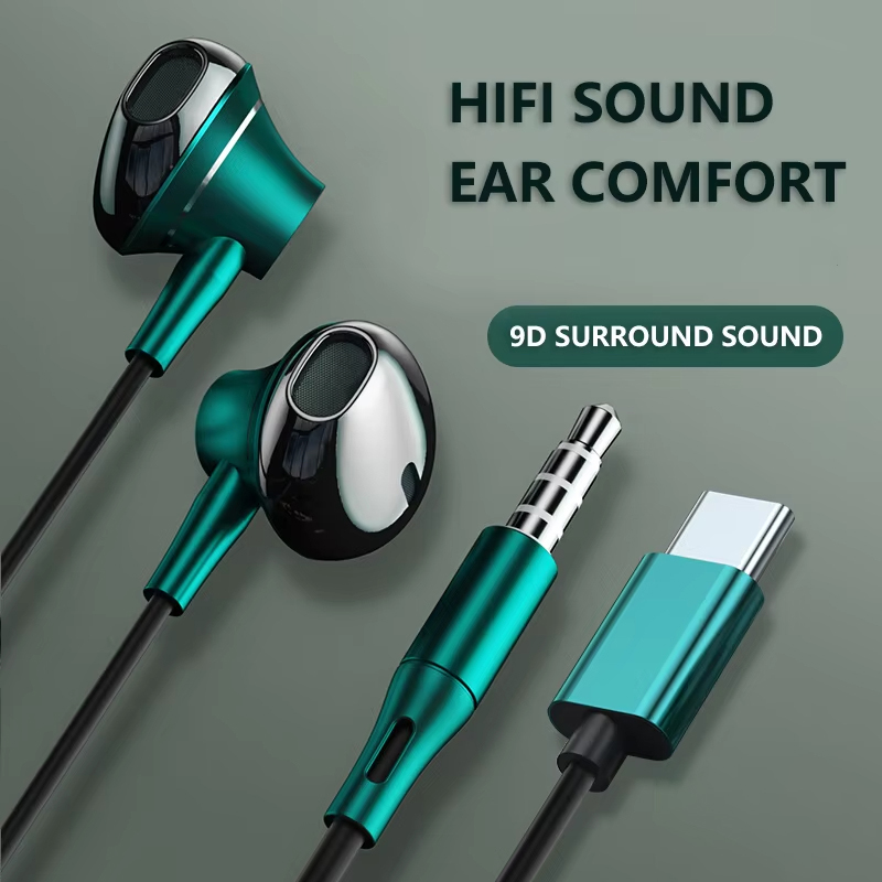 Type C Wired Earphones With Mic - 9D低音ステレオType-Cおよび3.5mmヘッドフォン、音量調節機能付きヘッドセット、HDマイク付き有線イヤホン、Readme Xiaomi Galaxyイヤホン用