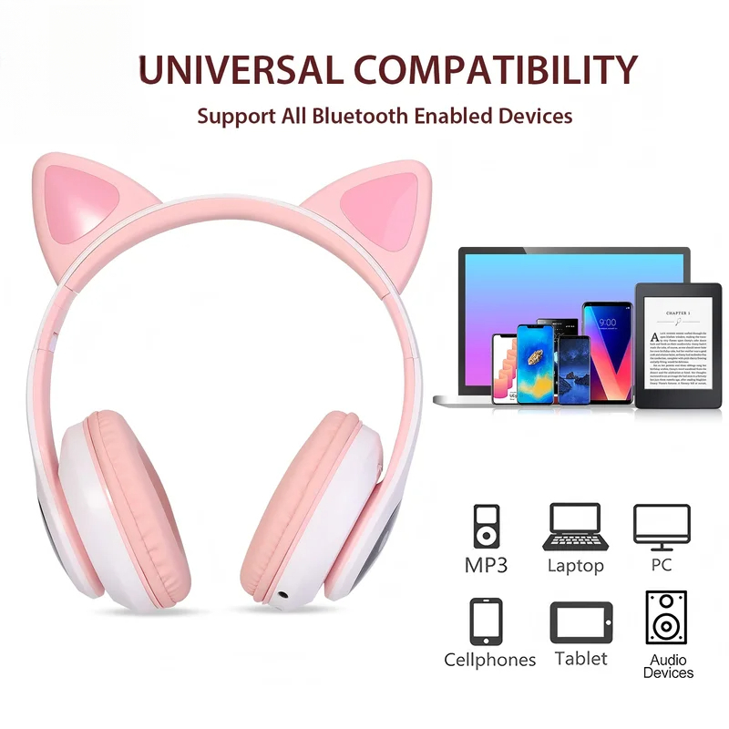 Cat Ear Bluetooth Headset Led - T28 ワイヤレスBluetoothヘッドホン、LED光る猫耳オーバーイヤーヘッドセット、子供とティーン向けのかわいいゲーミングヘッドセット