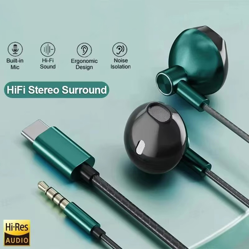 Type C Wired Earphones With Mic - Type-C 3.5mm HIFIステレオ有線イヤホン 重低音 インイヤーヘッドホン マイク付きイヤホン