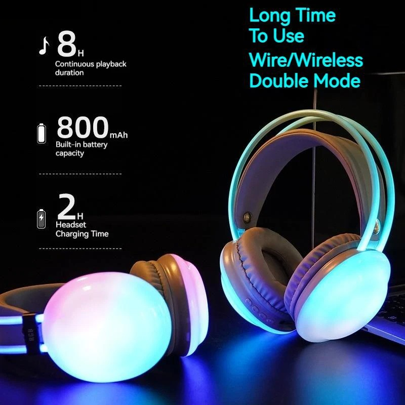 Gaming Headset With Mic Rgb - ゲーマーワイヤレス Bluetooth ヘッドフォン RGB 流れるカラフルなランプヘッドイヤホン Hifi