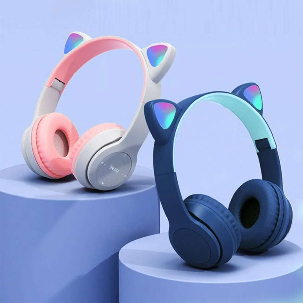 Cat Ear Bluetooth Headset Led - かわいい猫耳ワイヤレスヘッドフォン、RGB LEDライト付き、子供用ステレオBluetoothヘッドセット、モバイル音楽やコンピューターゲーム用