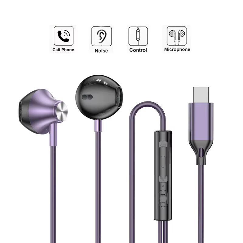 Type C Wired Earphones With Mic - インイヤー有線ヘッドフォン HiFi 音楽イヤホン ハンズフリーイヤホン Type-C 3.5mm