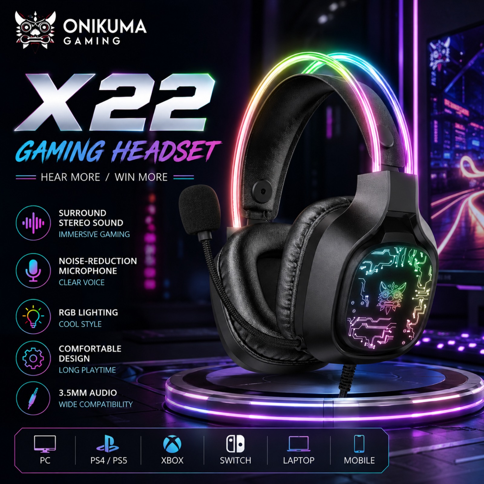 Gaming Headset With Mic Rgb - ONIKUMA X22 有線ゲーミングヘッドセット RGB 50MMドライバー ステレオサウンド