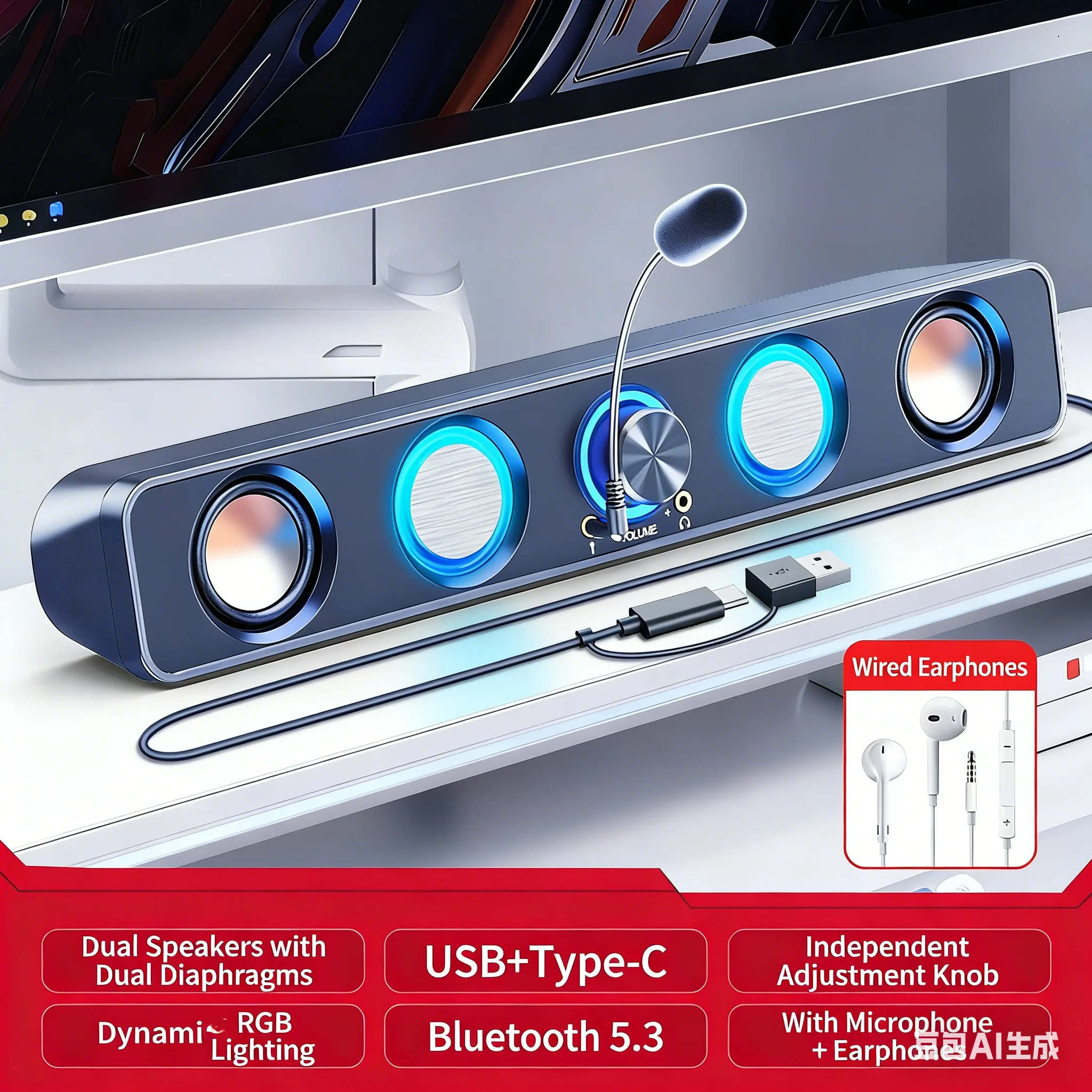 Rgb Computer Soundbar For Pc - ホームシアタースピーカーシステム サウンドバー RGB デスクトップ マイク付き ダブルホーン