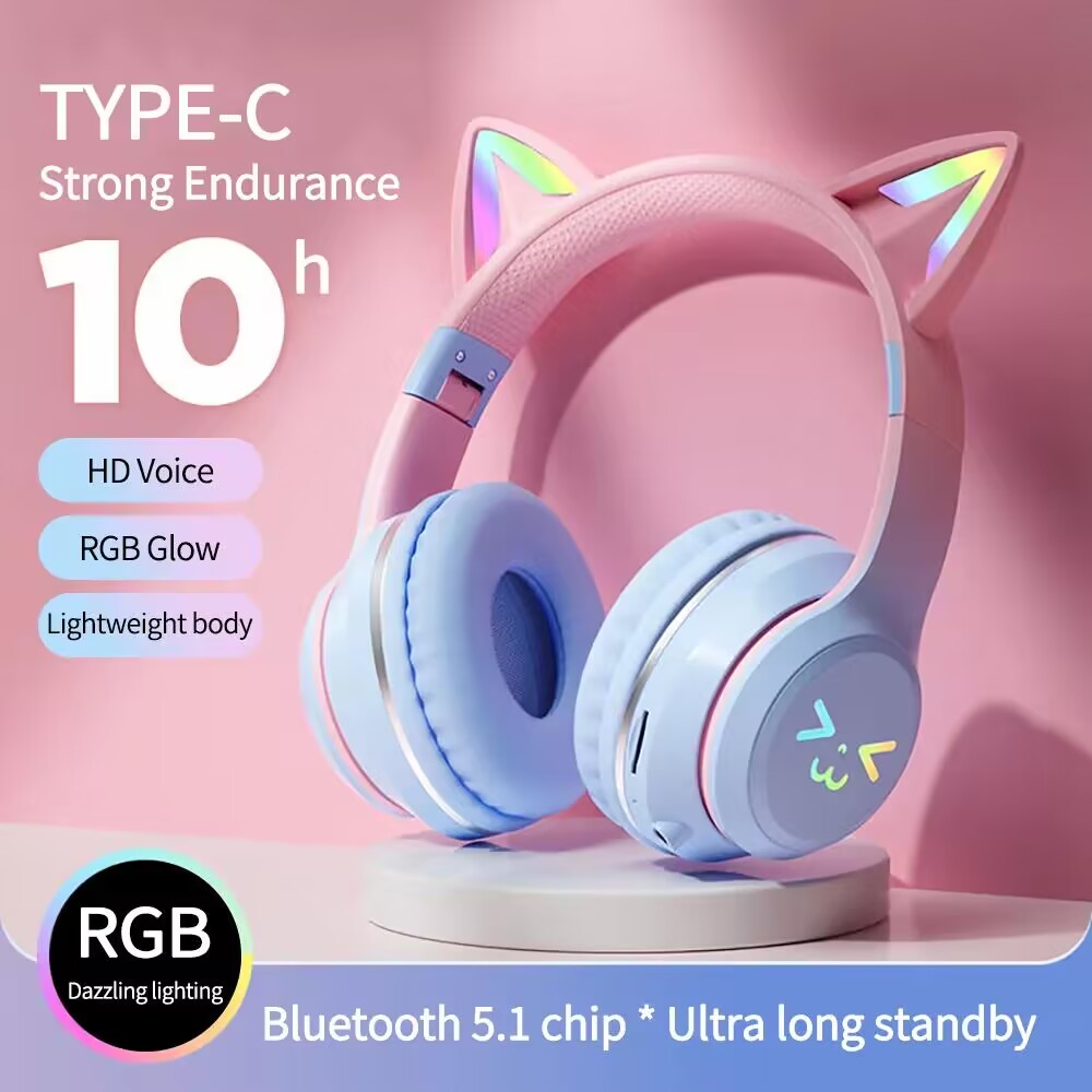 Gaming Headset With Mic Rgb - BluetoothワイヤレスRGBGlowイヤホン,猫の耳のヘッドセット,mp3プレーヤー,マイク,販売,5.3