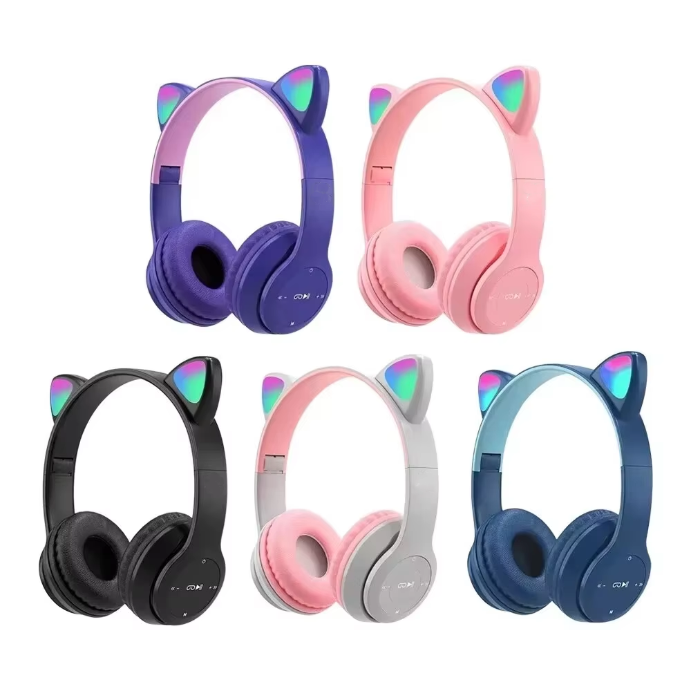 Cat Ear Bluetooth Headset Led - 子供用P47Mワイヤレスゲームヘッドホン、フラッシュライト付きキュートな猫耳ゲーミングヘッドセット、マイクコントロール、LEDステレオ、音楽再生、Bluetooth対応