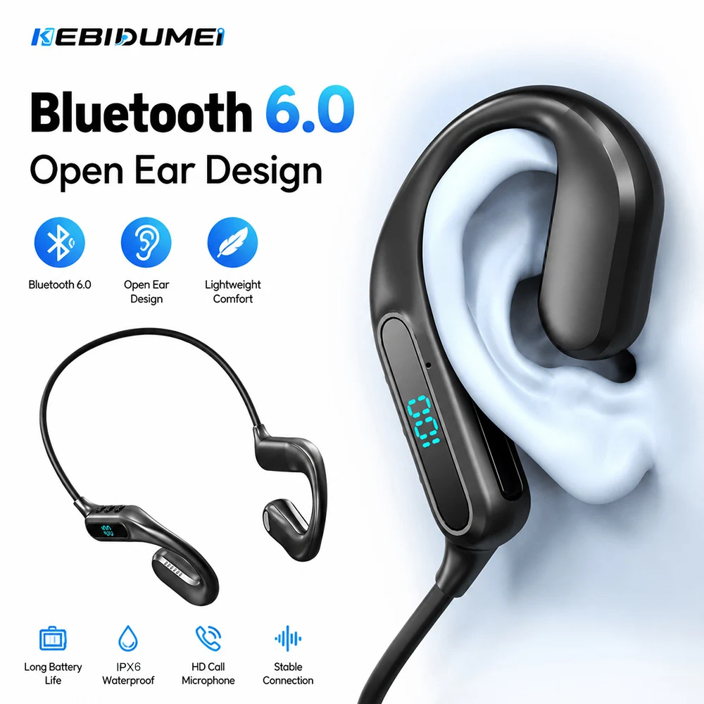 Open Ear Air Conduction Headphones - KEBIDUMEI ブルートゥース6.0 エアコンダクションヘッドホン オープンイヤーイヤホン LEDディスプレイ TFカード再生