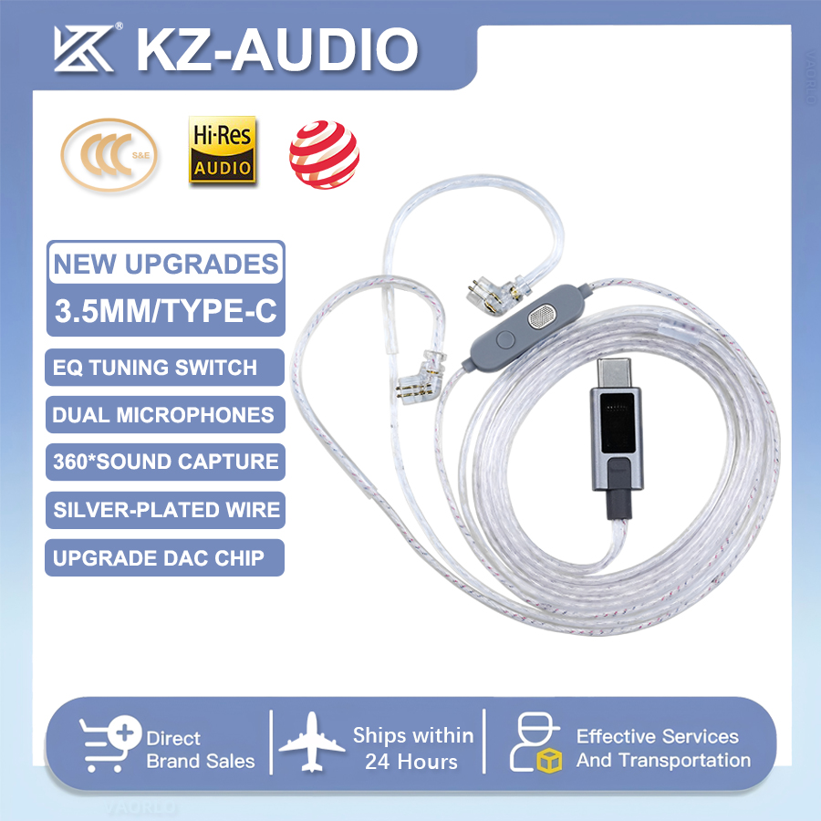 Type C Wired Earphones With Mic - KZ M2 デュアルマイク 銀メッキイヤホンケーブル 3スピードEQ 音質調整