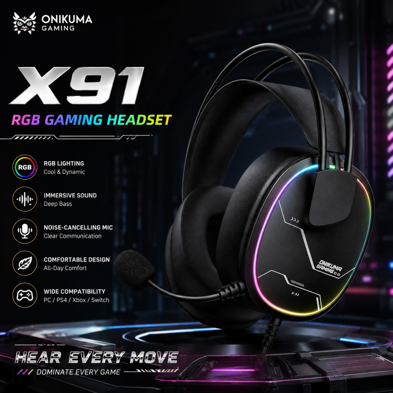 Gaming Headset With Mic Rgb - ONIKUMA X91 有線ゲーミングヘッドセット RGB 50MMドライバー サラウンドサウンド