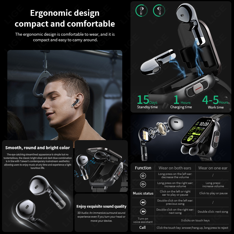 LIGE 新型2-in-1 TWSスマートウォッチ（イヤホン - Tws Earbuds Bluetooth 5.3 のレビューと価格